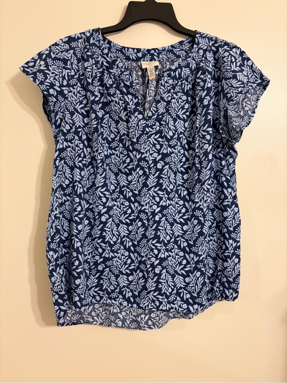 St. john bay | Women's Navy Blue Leaf-Print Short Sleeve Top size L